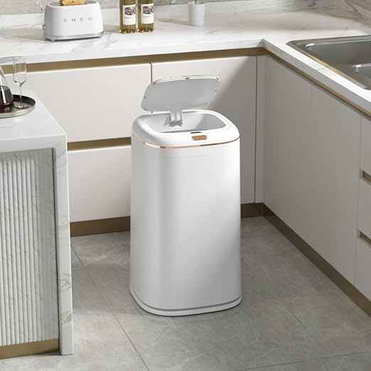 Sooyee 40L Automatic Trash Can with Lid, White with Gold Border | 10 Gallon, Smart Motion Sensor, For Bedroom, Bathroom, Kitchen, Office, 3 Opening Modes