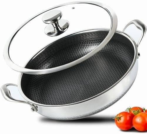Large Stainless Steel Hybrid Nonstick Deep Frying Pan, 13inch 7.2QT | 316L Stainless Steel, Two Handle Hold Sauté Pan with Lid, PFOA Free, Premium Cookware for Stir fry/Toast/Roast/Bake/Stew
