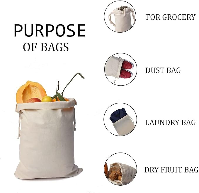 100Pcs 10 x 12 Inches Premium Cotton Muslin Double Drawstring Bags, Reusable Bag Natural Cotton Bags with Drawstring Produce Bags Bulk Gift Bag Jewelry Pouch for Party Wedding Home Storage