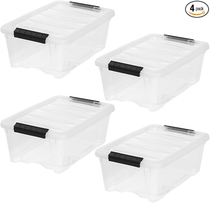 IRIS USA 4-Pack 13 Quart Storage Bins with Lids, Clear | Transparent design makes contents easy to find. Ideal for shoes, photos, documents, and small essentials. Nestable design