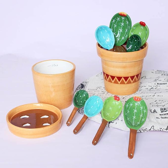 Cactus Measuring Spoons Set in Pot Ceramic House Warming Gifts New Home