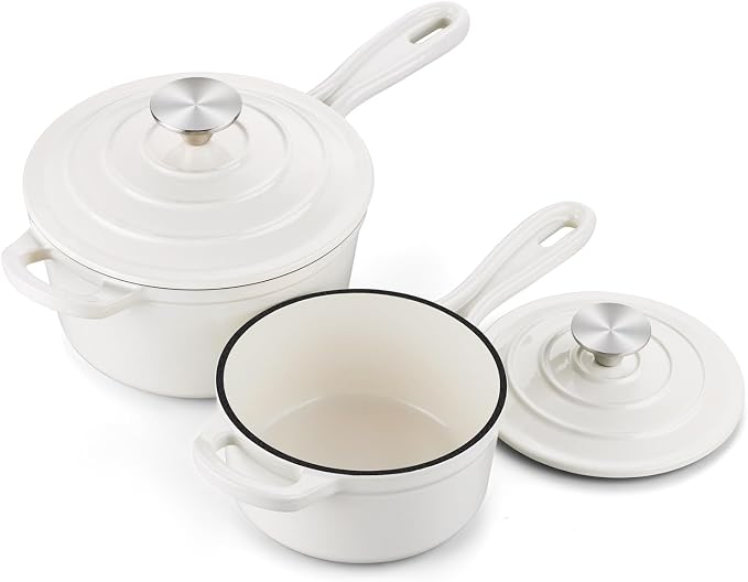 Onader 1QT & 2QT Saucepan Set with Lid, Enameled Cast Iron Small Pot Sets for Cooking, Nonstick Enameled Sauce Pan Dutch Oven, Induction Compatible, Heavy Duty – White