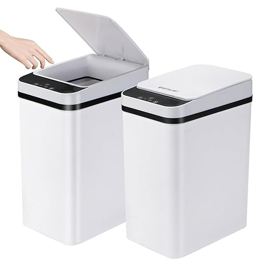 2 Pack Bathroom Trash Can with Lid, 2.5 Gallon Small Slim Trashcan, Automatic Trash Can Touchless, Motion Sensor Waterproof Plastic Trash Bin for Bedroom Kitchen Office Living Room (White)