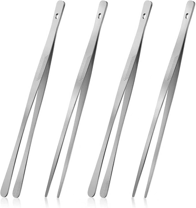 Vaincre 4PCS 12" Stainless Steel Kitchen Tongs Tweezers with Serrated Tips | Precision Serrated Tips, Multi-Use Culinary Tweezers, For Chef Culinary Use, Serving Food, Pasta, Everyday Cooking