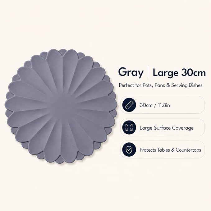 Heat-Resistant Silicone Trivet Mats, Non-Slip Hot Plate Holder for Kitchen Countertops & Dining Table, Reusable Pot Holder Pad with Secure Grip, Dishwasher Safe (Grey, Diameter: 30cm/11.81")