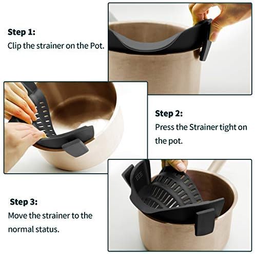 AUOON Clip On Pot Strainer Silicone, Standard 8.86 x 3.55in, Gray | BPA-free, Fits All Pots Pans Bowls, Dishwasher Safe, for Pasta Noodles Vegetable Fruits, Space-saving Kitchen Gadget