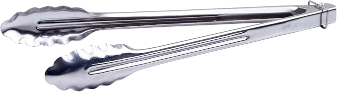 Winco 12" Silver Heavy-Duty Utility Stainless Steel Tongs | Heavy-duty, Locking clip, Scalloped edges, Great for Salads, Buffets and Catering