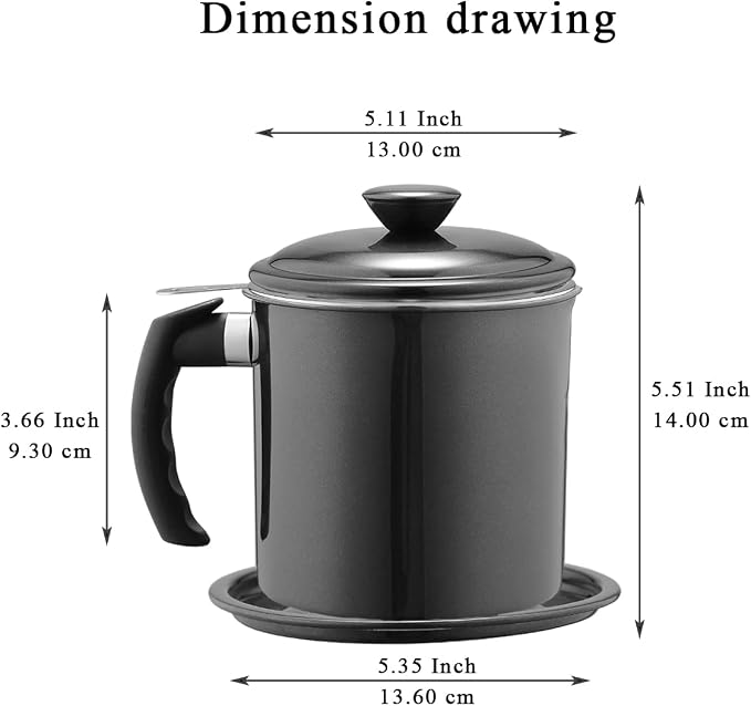 Kyraton Black Bacon Grease Container With Strainer, 48 oz Black Coating Stainless Steel Oil Container, Pot Fat Storage With Lid, Easy Grip Handle Suitable For Storing Frying Oil And Cooking Grease