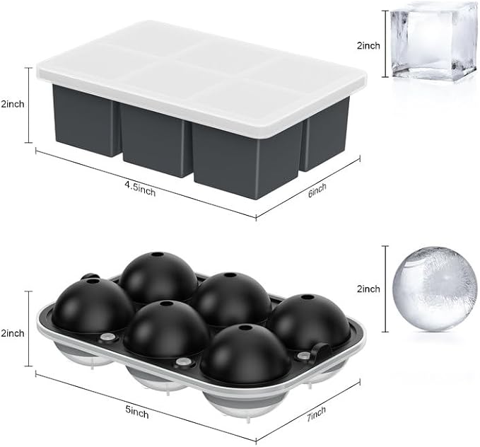 ROTTAY Ice Cube Trays (Set of 4), Sphere Ice Ball Maker with Lid & Large Square Ice Cube Maker for Whiskey, Cocktails and Homemade, Keep Drinks Chilled | Perfect for Whiskey, Cocktails, Bourbon, and Homemade Drinks, Creating Slow-Melting Ice That Keeps...