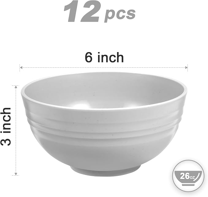 HEYCOME 12 Pcs Unbreakable Rice Bowls Set, 26 Oz Wheat Straw Bowls Set, Microwave & Dishwasher Safe Bowl for Kitchen, Reusable Plastic Bowl for Soup, Salad and Snack, BPA Free, White Gray