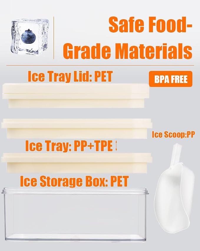 Brigii Ice Cube Tray with Lid & Storage Bin, 56 Cubes Ice Trays for Freezer | Silicone bottom easy release, press-to-pop, 2 trays 56 cubes, storage bin and scoop, BPA-free, stackable, for whiskey