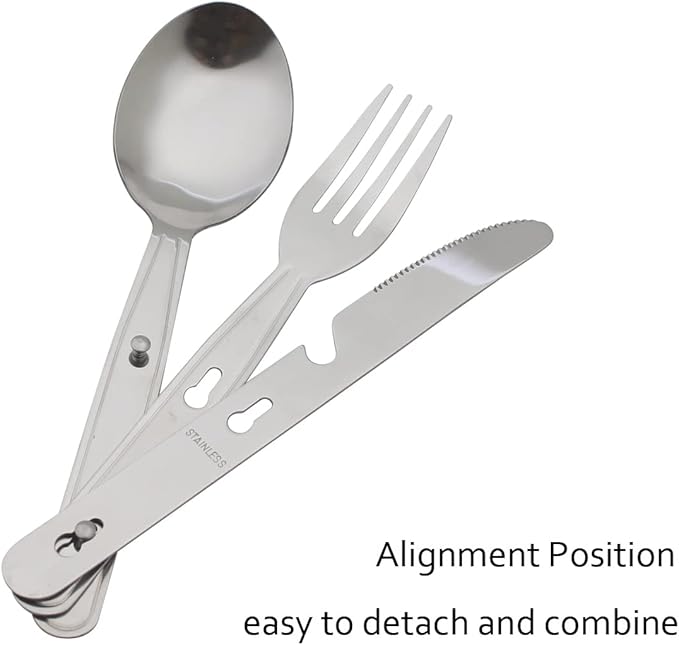 4-in-1 Camping Utensils Hiking Cutlery Set with Carrying Bag - 3 Pack | Portable Stainless Steel Flatware Spoon Fork Knife & Bottle Opener Combo for Picnic Travel, Backpack Outdoor Gear, Lunch Box