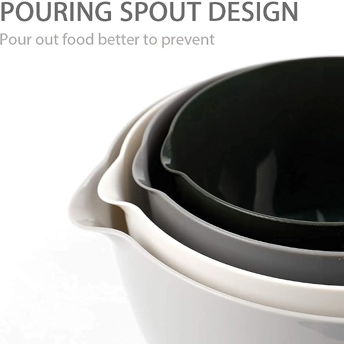 BoxedHome Classic Mixing Bowl Set of 4, BPA Free Plastic, Microwave Safe | 4.5, 3.5, 2.5 & 1.7 quarts,Non-slip Base Large Nesting Bowl with Pour Spout, Dishwasher Safe, for Prep, Cooking,Grey