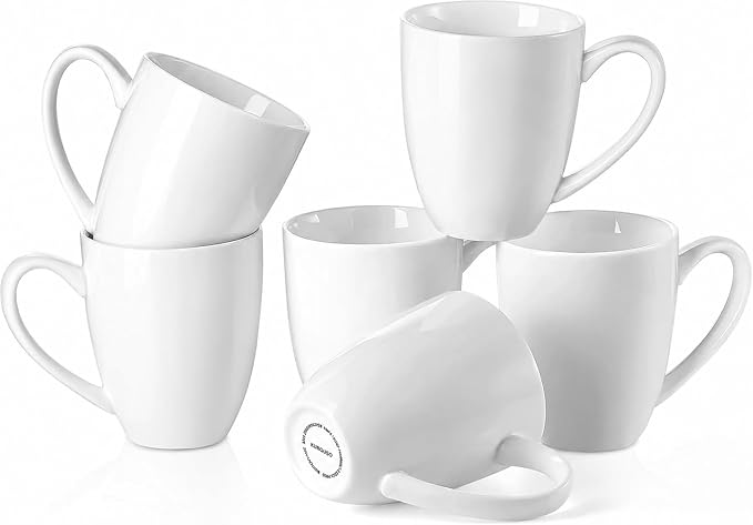 White Porcelain Coffee Mugs Set of 6, 13 Ounce Coffee Cups with Handle, Ceramic Tea Mugs for Latte, Hot Tea, Cappuccino, Mocha, Cocoa, Mug Gift Set, Dishwasher and Microwave Safe