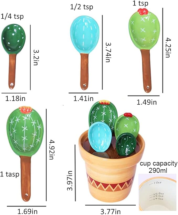 Cactus Measuring Spoons Set in Pot Ceramic Cute Measuring Cups and Spoons Unique Baking Gifts for Dry Wet Ingredients Dishwasher Safe 1 Tbsp 1 TSP 1/2 TSP 1/4 TSP 1 Cup Blue