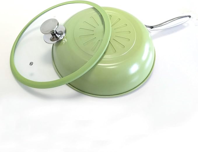 Nonstick Ceramic Frying Pan, Stir Fry Pans with Lid, Gas Electric & Induction Compatible (Green, Pan with Lid 12 inch)
