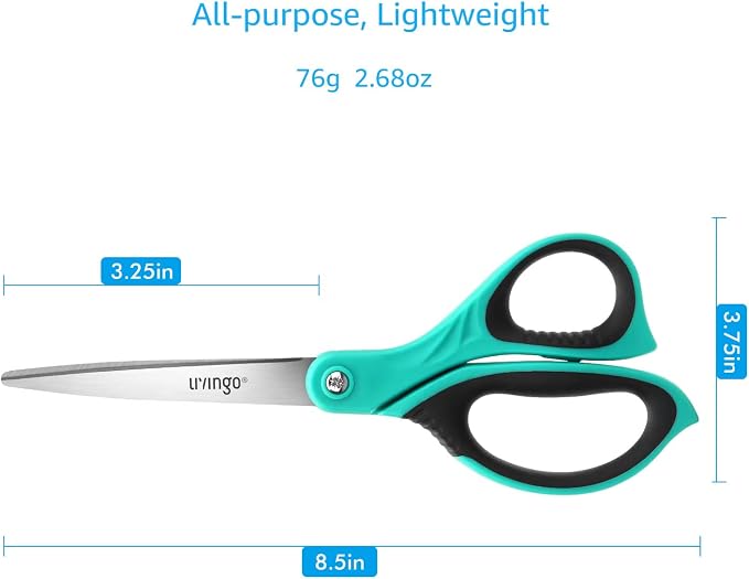 LIVINGO All Purpose Scissors 8.5" Office Craft Shears 3 Pack | Sharp Stainless Steel Blade, Comfortable Grip, School Home Use, Paper Fabric Sewing Projects