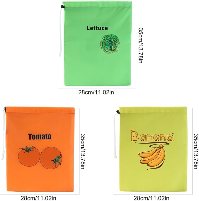 3Pcs Storage Bag with Aluminum Lining - 13.7x11", Banana & Lettuce Fresh Reusable Produce Bags Vegetable & Fruit Storage Bags with Foil Lining for Freshness, Refrigerator Safe.