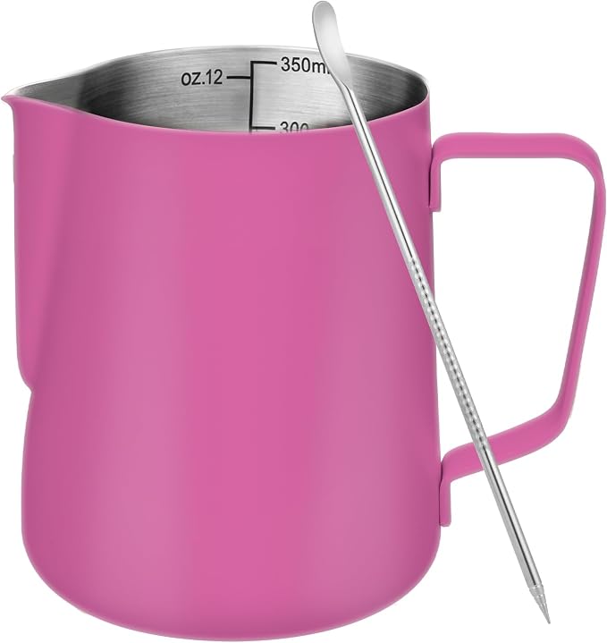 Amrules Milk Frothing Pitcher 12oz Frother Cup Barista Tools, Rose Red | 18/8 Stainless Steel, 12oz Capacity with Clear Scale, with Decorating Pen, Ergonomic Handle, for Cappuccino, Latte & Espresso