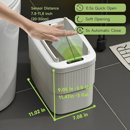 Sensor Bathroom Trash Can 2.5 Gallon,Kitchen,Office,RV,White | hanging,butterfly lid, narrow space,ABS Superior Quality,Touchless Automatic Trash Bin,,Motion Sensor Garbage Can