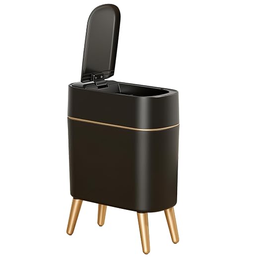 Black and Gold Sensor Trash Can Bathroom,Smart Plastic Wastebasket | Waterproof,Narrow,Motion Sensor, Convenient and Hygienic Easy to Use，2.6 gallon Small Garbage Can for Office,Bedroom,Kitchen
