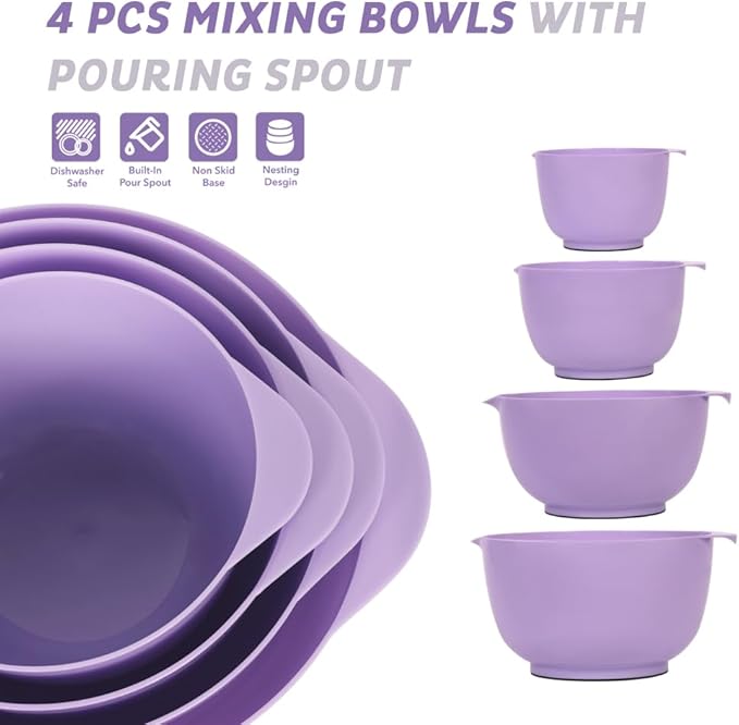 BoxedHome Nesting Plastic Mixing Bowl Set, 4 Piece Mixing Bowl Set with Pour Spouts, Size 1.7, 2.5, 3.5 and 4.5qt, for Prepping, Mixing, Baking, Cooking(2023 New Version, Purple) | 4.5/3.5/2.5/1.7 quarts,Non-slip Base Large Nesting Bowl with Pour Spout...