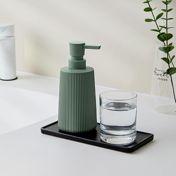 YAUKPH Small Soap Dispenser for Bathroom and Kitchen Matte Green | Modern Farmhouse Striped Style Plastic Hand Soap Dish Soap Dispenser with Pump