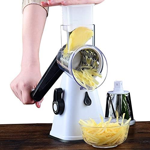 Manual Rotary Cheese Grater, Potato Slicer Cutter Hand Crank, Kitchen Mandoline Vegetable Shredder, with 3 Interchangeable Blades (White)