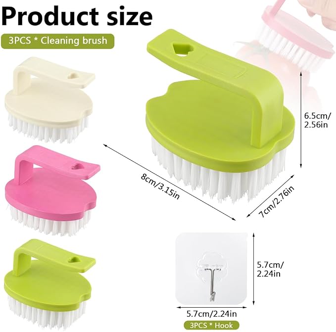 3Pcs Vegetable Scrubber Brush, Vegetable Brush with Stiff Bristles Veggie Cleaner Brush for Fruits, Potatoes, Carrots & More with 3 Hooks Easy Storage