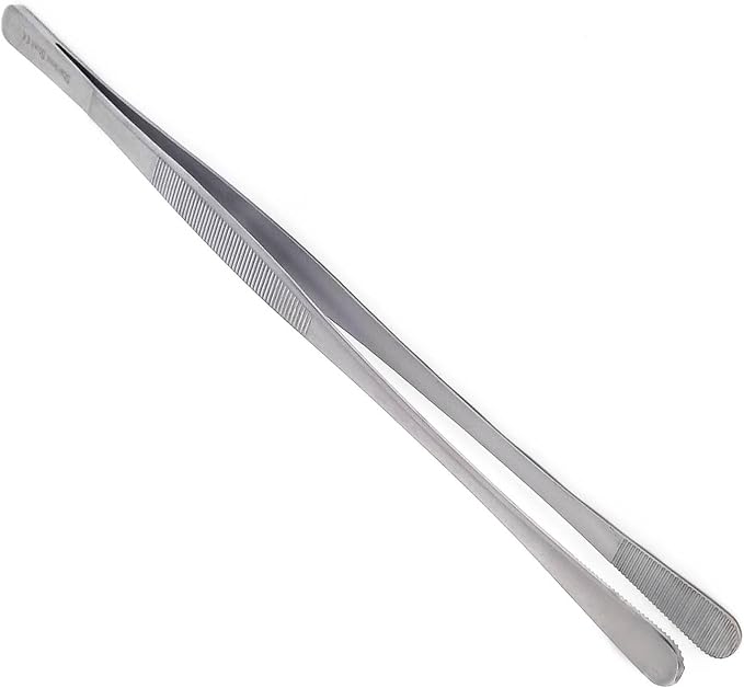 Professional Culinary Stainless Steel Precision Tongs With Serrated Tips - Plating/Food Presentation Detailing Serving - Chef's Kitchen Tweezer - Ultra Non-Slip Grip (12" Wide Jaws)