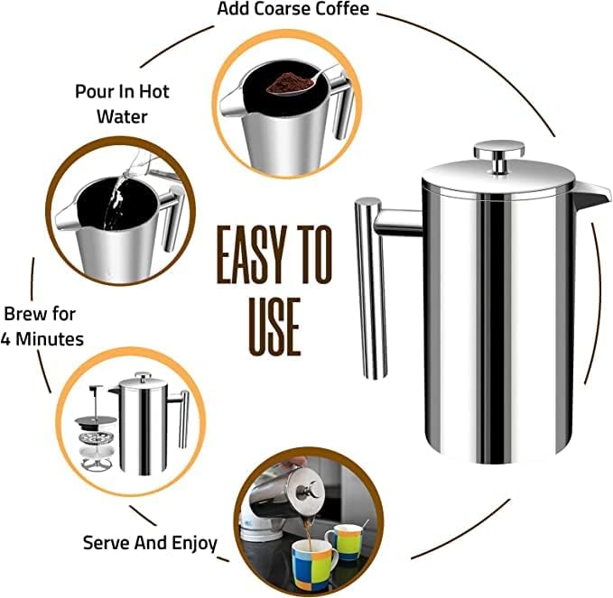 Utopia Kitchen 304 Grade Stainless Steel French Press 50 Oz, Silver | Double Wall Insulated Coffee Press with 4-Level Filtration System, Include 2 Extra Filters, Rust-Free, Dishwasher Safe