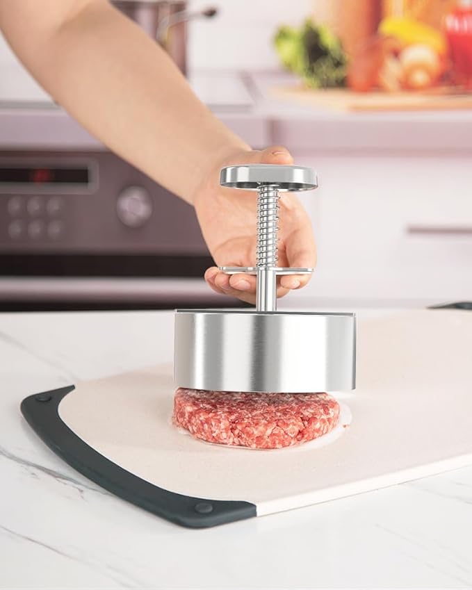 Brigii 304 Stainless Steel Burger Press, 4.5" Hamburger Press Patty Maker | Spring back design, thickness guide 100g-400g, easy release, no coating, no rust, dishwasher safe, for ground beef patties