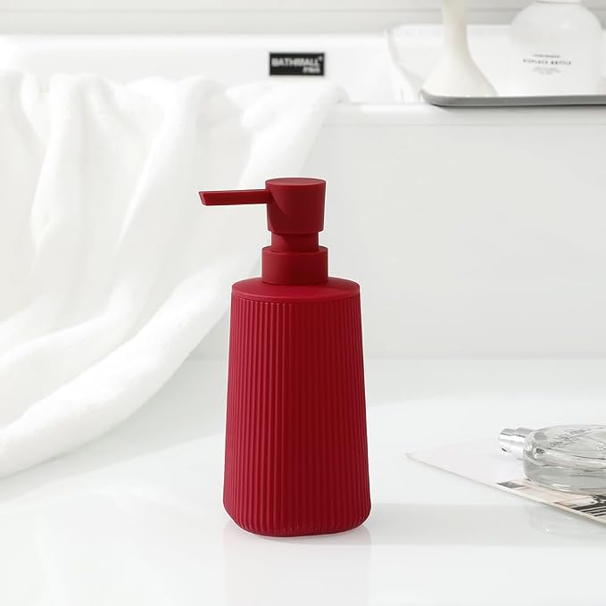 YAUKPH Small Soap Dispenser for Bathroom and Kitchen Matte Red | Modern Farmhouse Striped Style Plastic Hand Soap Dish Soap Dispenser with Pump