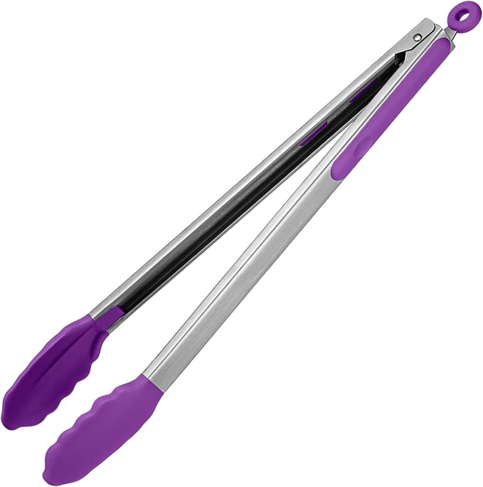 U-Taste Kitchen Tong for Cooking, 600ºF Heat-Resistant Tps, 16in/Purple | Extra Long BBQ Tongs, Large Tong for Grilling/Grabbing, Big Thong with Nonstick Silicone Tps & 18/8 Stainless Steel Handle