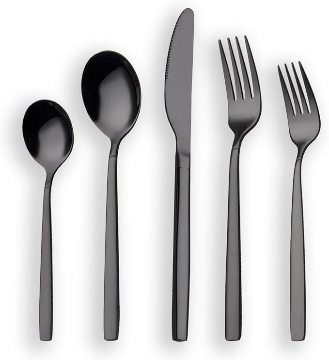 Berglander 20 Piece Titanium Black Plated Stainless Steel Flatware Set, 20 Pieces Silverware Set, Cutlery Set, Service for 4 (shiny Black)