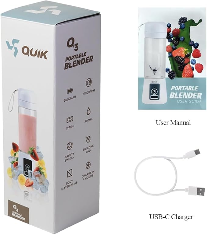 Portable Blender - Cordless 13oz. Personal Blender for Shakes and Smoothies, Licuadora, BPA Free, USB-C Rechargeable, Mini juicer for Travel, Leakproof, Juicer Cup, Ice Crush (Black)