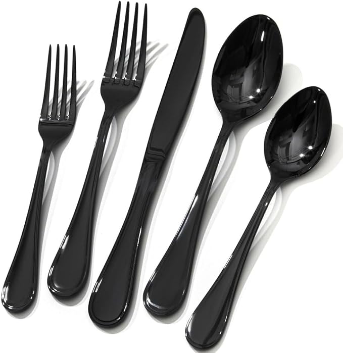 18/10 Stainless Steel Silverware Set for 8, 40 Piece Black Flatware Set | KINGSTONE Teardrop Heavy Cutlery Set, Mirror Polished Knives Fork Spoons Utensils, Dishwasher Safe for Home Kitchen Wedding