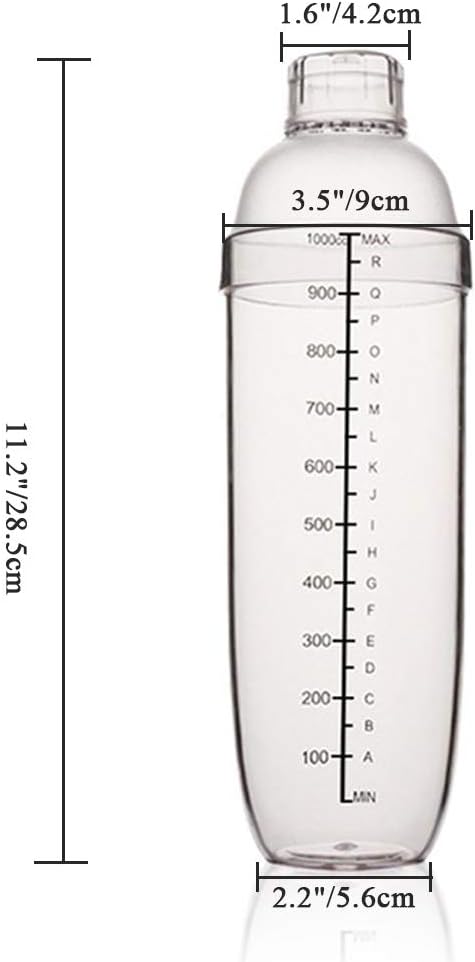 Plastic Cocktail Shaker,Drink Mixer Hand Shaker Cup with Scales,Transparent (33 oz / 1000cc)