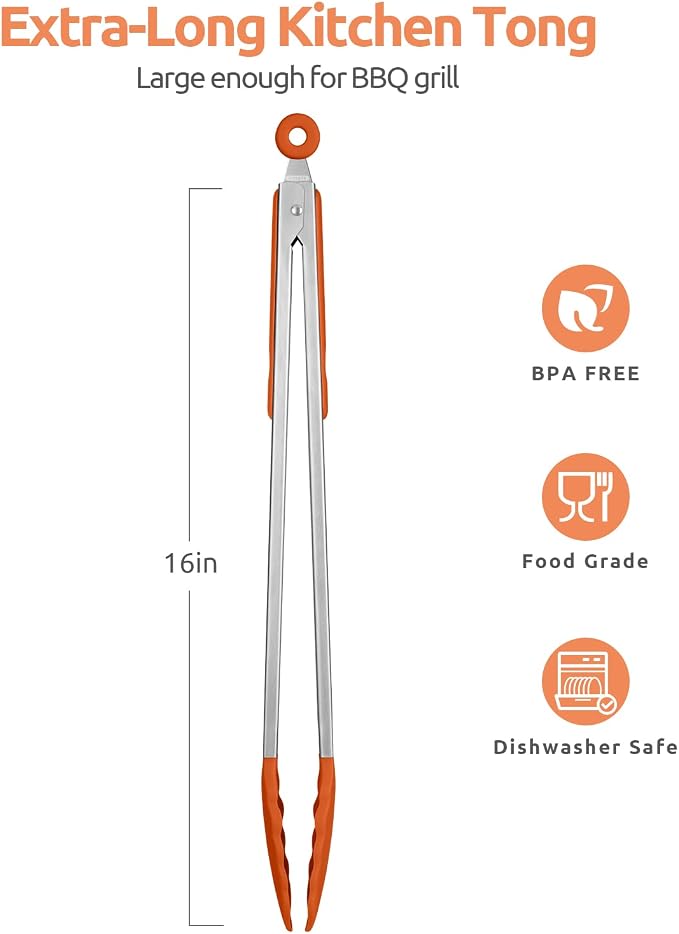 U-Taste Kitchen Tong for Cooking, 600ºF Heat-Resistant Tps, 16in/Orange | Extra Long BBQ Tongs, Large Tong for Grilling/Grabbing, Big Thong with Nonstick Silicone Tps & 18/8 Stainless Steel Handle