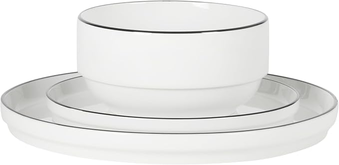Gibson Home Rothernberg Plates and Bowls 18 Piece Porcelain White Dinnerware Set W/Black Rim | Stackable Dishes | Microwave & Dishwasher Safe