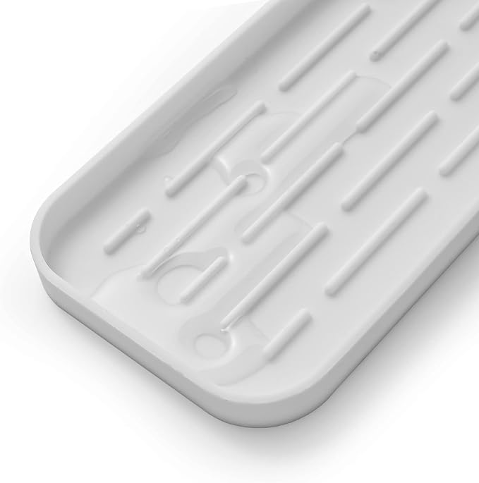 MicoYang Silicone Kitchen Sink Organizer Tray for Multiple Usage,Eco-Friendly Sponges Holder for Kitchen Bathroom Counter or Sink,Dish Soap Dispenser,Scrubber,Bottle,Cup (White, 10"×5.3")