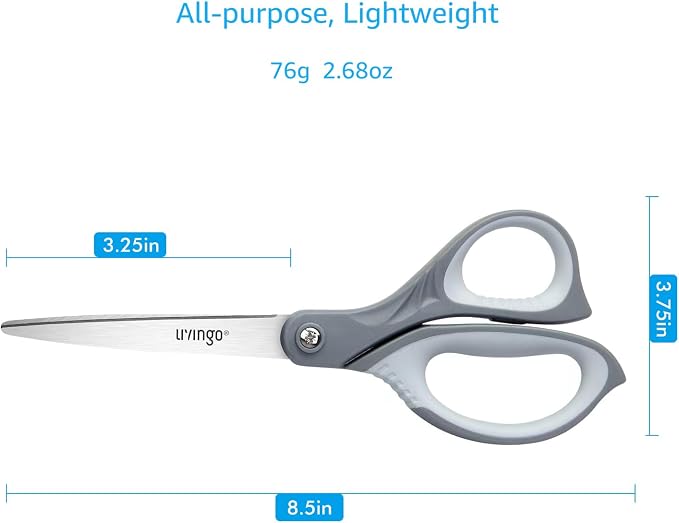 LIVINGO 3 Pack 8.5" Sharp Scissors for Office Heavy Duty All Purpose, Gray | Stainless Steel Blades Shears for Home School Crafting & Sewing Cutting Paper Fabric, Comfort Handles