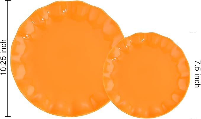 LIYH 24Pcs Orange Plastic Plates Reusable, Dinner And Salad Set For Parties | Heavy Duty Scalloped Unbreakable Tableware, Reusable Or Disposable Style For Fall Picnics, Thanksgiving, Holiday Banquets