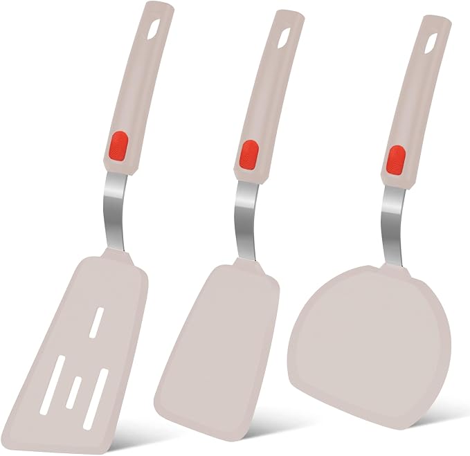 Beijiyi Silicone Spatula Turner Set of 3, 600°F Heat Resistant (Khaki) | Flexible Spatulas for Nonstick Cookware, Cooking, Flipping, Egg & Pancake, BPA Free Kitchen Utensils, Dishwasher Safe