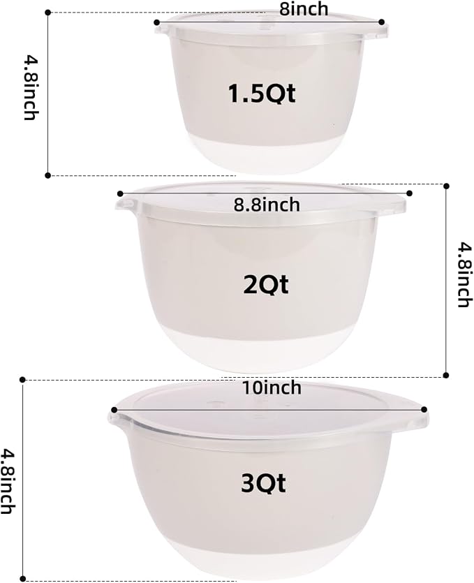 3 Small Plastic Mixing Bowls with Lids,Pour Spout,Non Slip 4.8in Deep Baking Mixing Bowl Set with TPR Bottom,Kitchen Nesting Batter Bowls for Mixing,Prep Food,3Qt,2Qt,1.5Qt,Gray
