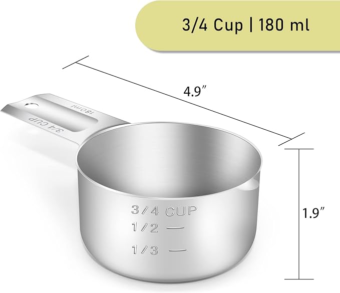 1PCS 3/4CUP(180ml, 6oz) Measuring Cup, 18/8 Stainless Steel Measure Scoop | High Precision, Food-Grade 304 SS, ‌Rust-Free, Dishwasher-Safe, Easy-Read Markings, Multi-Purpose, Sturdy & Durable