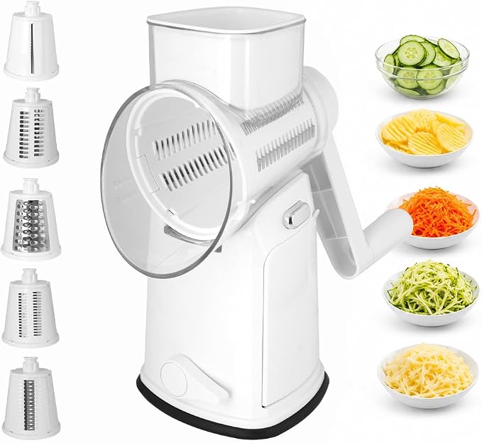 Rotary Cheese Grater with Hand Crank - Cheese Shredder with 5 Interchangeable Stainless Steel Blades, Suction Base & Ergonomic Handle | Vegetable Slicer, Food Grater for Cheese, Nuts & Chocolate