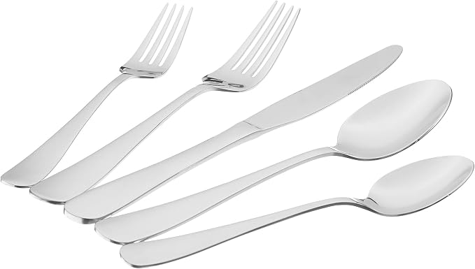 Amazon Basics Silverware Set, Stainless Steel Flatware, Dishwasher Safe, Service for 4, 20-Piece Forks and Spoons, Round Edge, Everyday Use (Pack of 2)