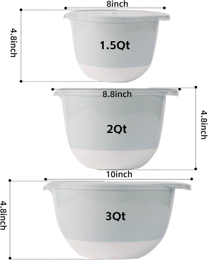 3 Small Plastic Mixing Bowls with Lids,Pour Spout,TPR Base,Mixing Bowl Set | Deep Nesting Small Batter Bowl for Serving,Prep,Baking,Non Slip,Dishwasher Safe,Easy to Grip/Spout,Pale Blue