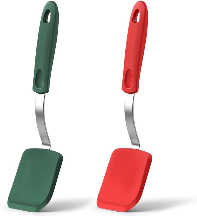 Silicone Cookie Spatula Turner 2 Pack Mini Brownie Spatula Flexible Kitchen Small Silicone Turner for Nonstick Cookware Heat Resistant No Scratch Flipper for Egg(Solid Flat,Red, Green)